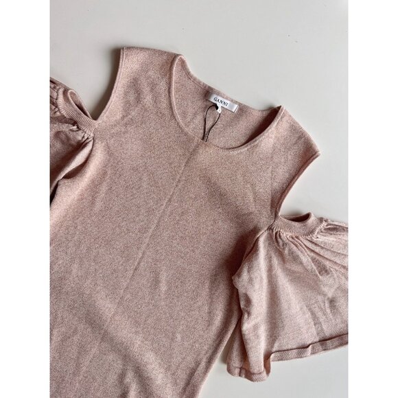 NWOT GANNI Romilly Pink Rose Metallic Knit Ruffle Cold Shoulder Blouse, Size M - Picture 5 of 12